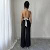 Women's Black White Trim Halter Backless Crop Top and Wide Leg Pants 2 Piece Set