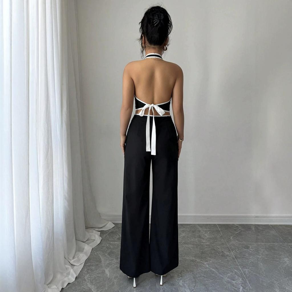 Women's Black White Trim Halter Backless Crop Top and Wide Leg Pants 2 Piece Set