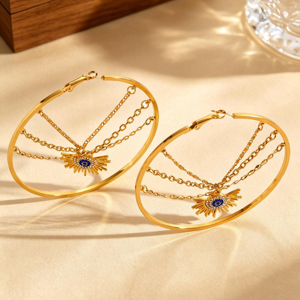 Cross-Border Devil Eye Metal Earrings Women Personalized Sun Hollow Pendant Exquisite Light Luxury Ins Style Ear Jewelry