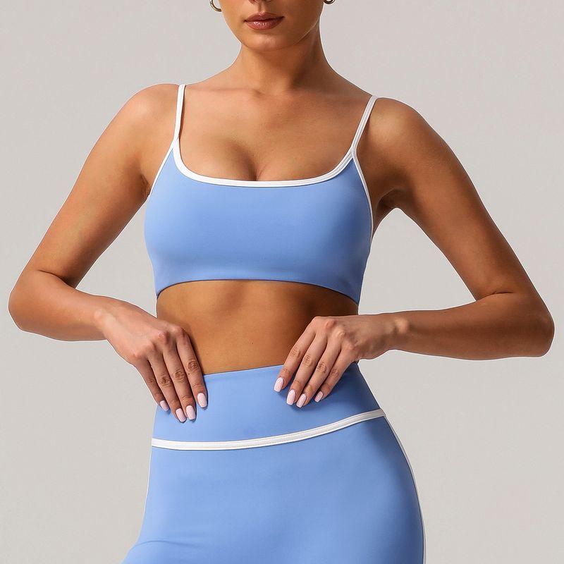 

Foreign Trade Contrast Color Thin Belt Quick-Drying Sports Intimates Gather Shockproof Yoga Bra with Chest Pad Outdoor Running Fitness Cailan L (recommended 75D-80C)