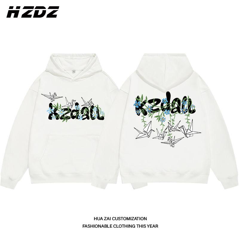 Original Design Paper Crane Print Hooded Sweatshirt for Men Autumn and Winter Street Loose Casual Men and Women All-match Tops