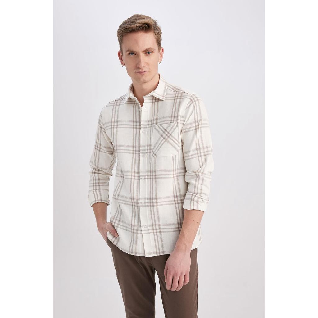 Modern Fit Polo Neck Long Sleeve Checked 100% Cotton Shirt