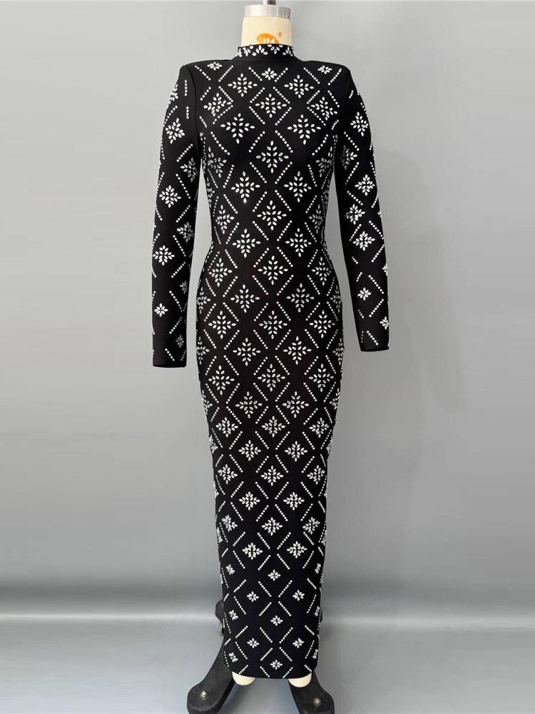 Elegant Western Retro Bandage Dress - Long Sleeve Evening Gown with Hot Drill Detailing