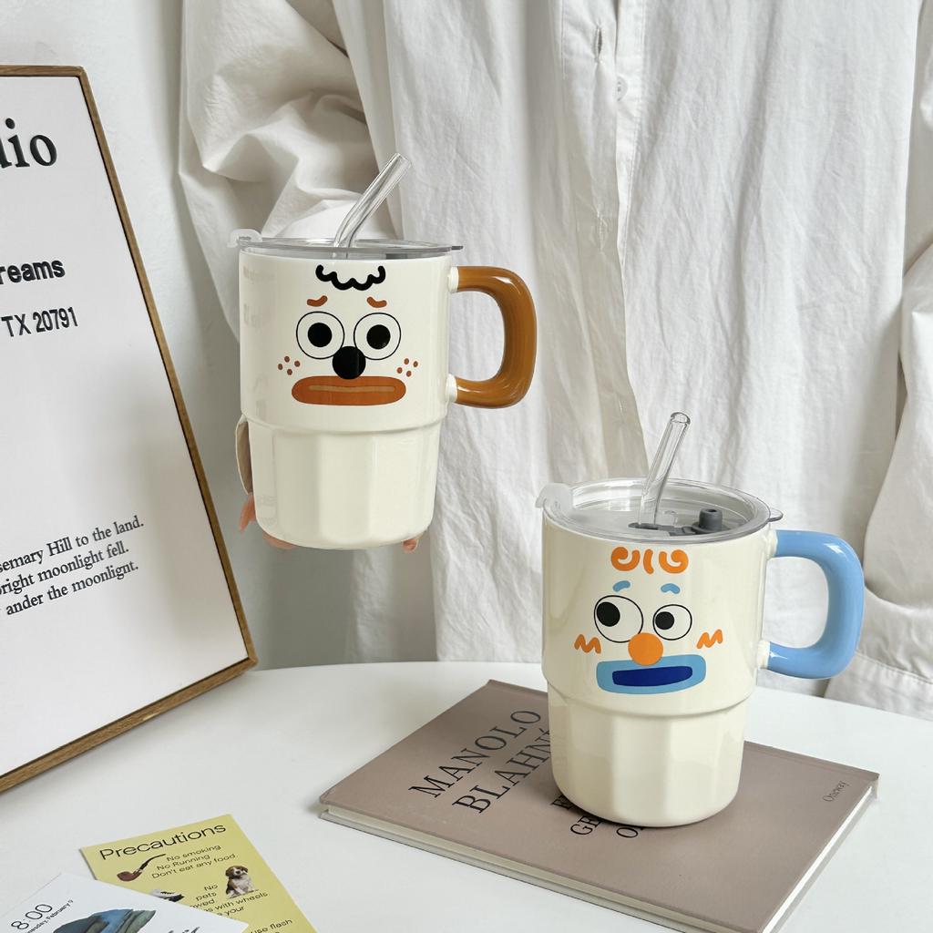 Clown Straw Cup with Lid Mug High looking Creative Ceramic Water Cup Couple Coffee Cup Activity Souvenir Gift