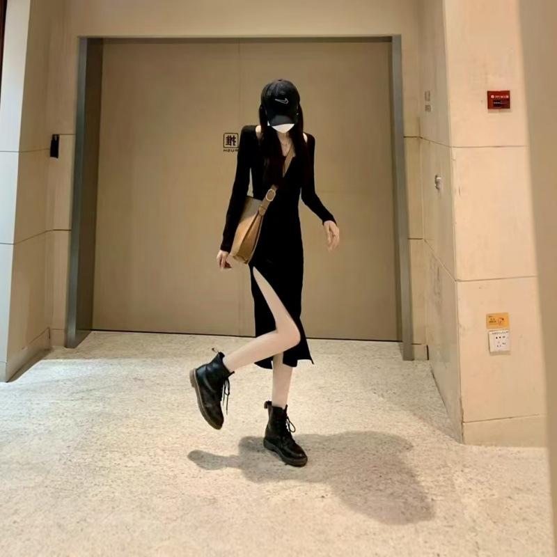 Spring Women's Year's New Waist Split Hip Wrap Long Dress Black Square Neck Dress Autumn and Winter