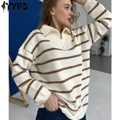 Women's Fashion Casual Fall Winter Stripe Print Long Sleeve POLO Neck Sweaters