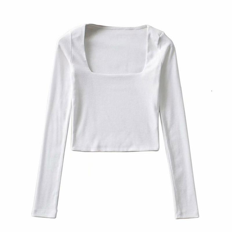 Women Cotton Ribbed Square Neck Crop Top With Long Sleeve