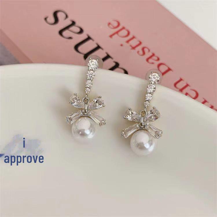 S925 Zircon Bow Pearl Pendant Earrings: Elegant and Versatile for Women