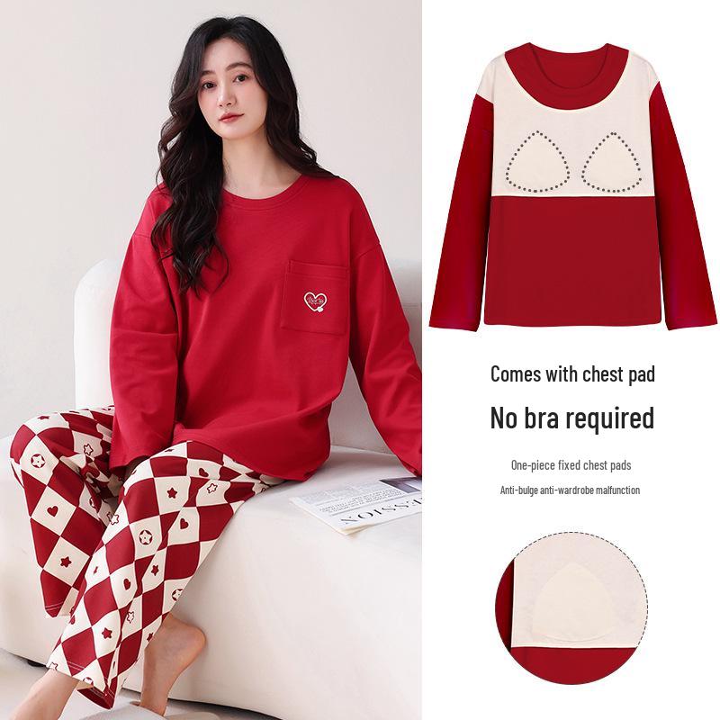 100% Cotton Women's Red Pajamas - Spring/Fall Wedding Year of the Rat Long Sleeve Plus Size Set