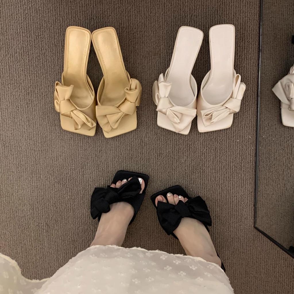 Niche High Heels Black Small Cool Slippers Fairy Shoes New Bow with Skirt Sandals