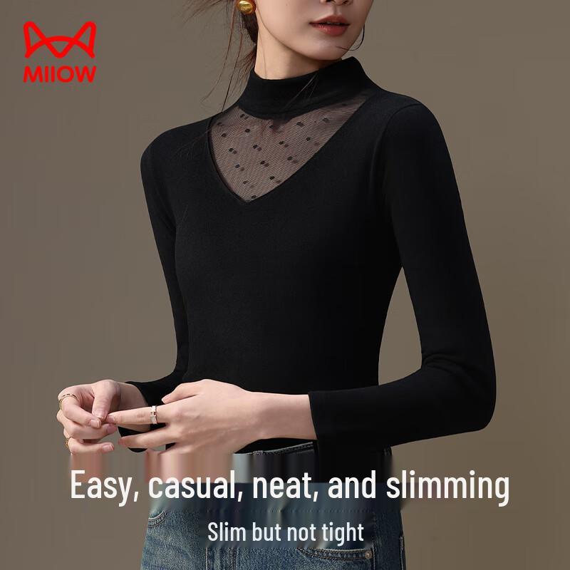 Mao Ren French Elegant Lace Mesh Semi-High Collar Long Sleeve Top