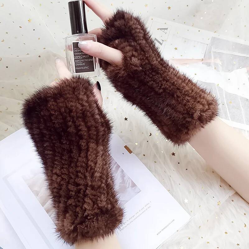 

Real Mink Fur Gloves Winter Women s Half Finger Fur Gloves Thickened Handmade Mink Fur Gloves lady Outdoor Warm Fur Gloves 20cm темно-коричневого