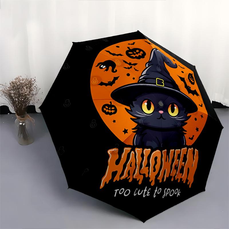 1pc Cute Happy Halloween Cat Witch Hat Automatic 3-Fold Umbrella Design, Cute Cartoon Pattern, Portable Outdoor Umbrella, Perfect, Holiday G