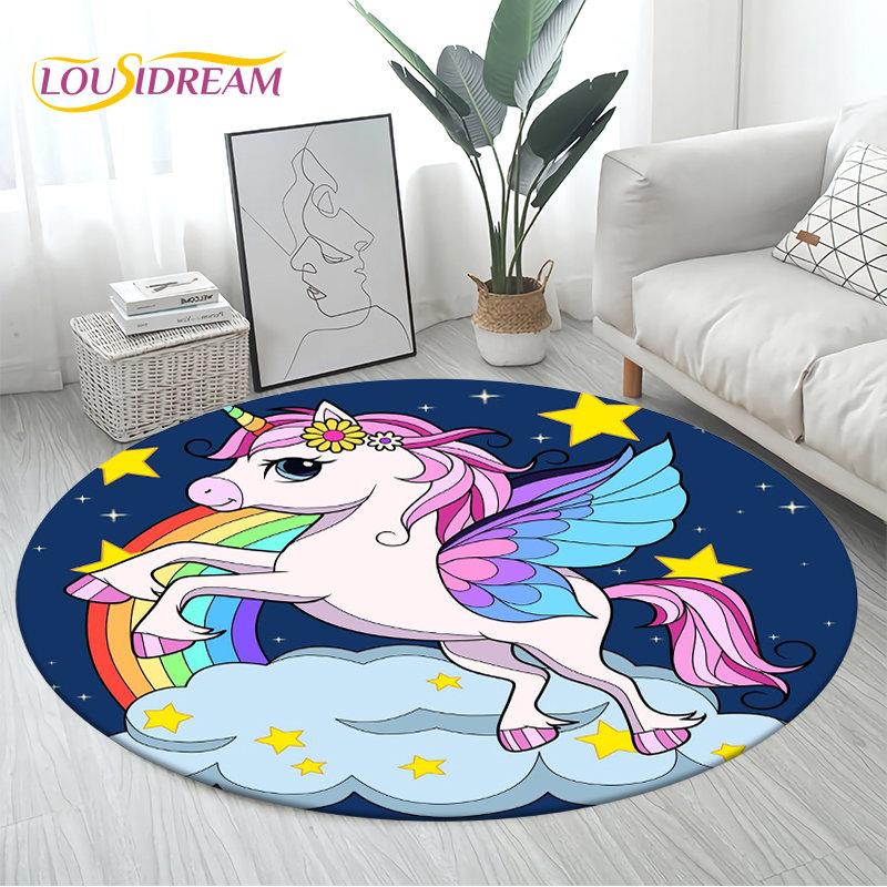 3D Cartoon Cute Unicorn Area Rug Large,Round Carpet Rug for Living Room Bedroom Sofa Decoration,Children Play Non-slip Floor Mat