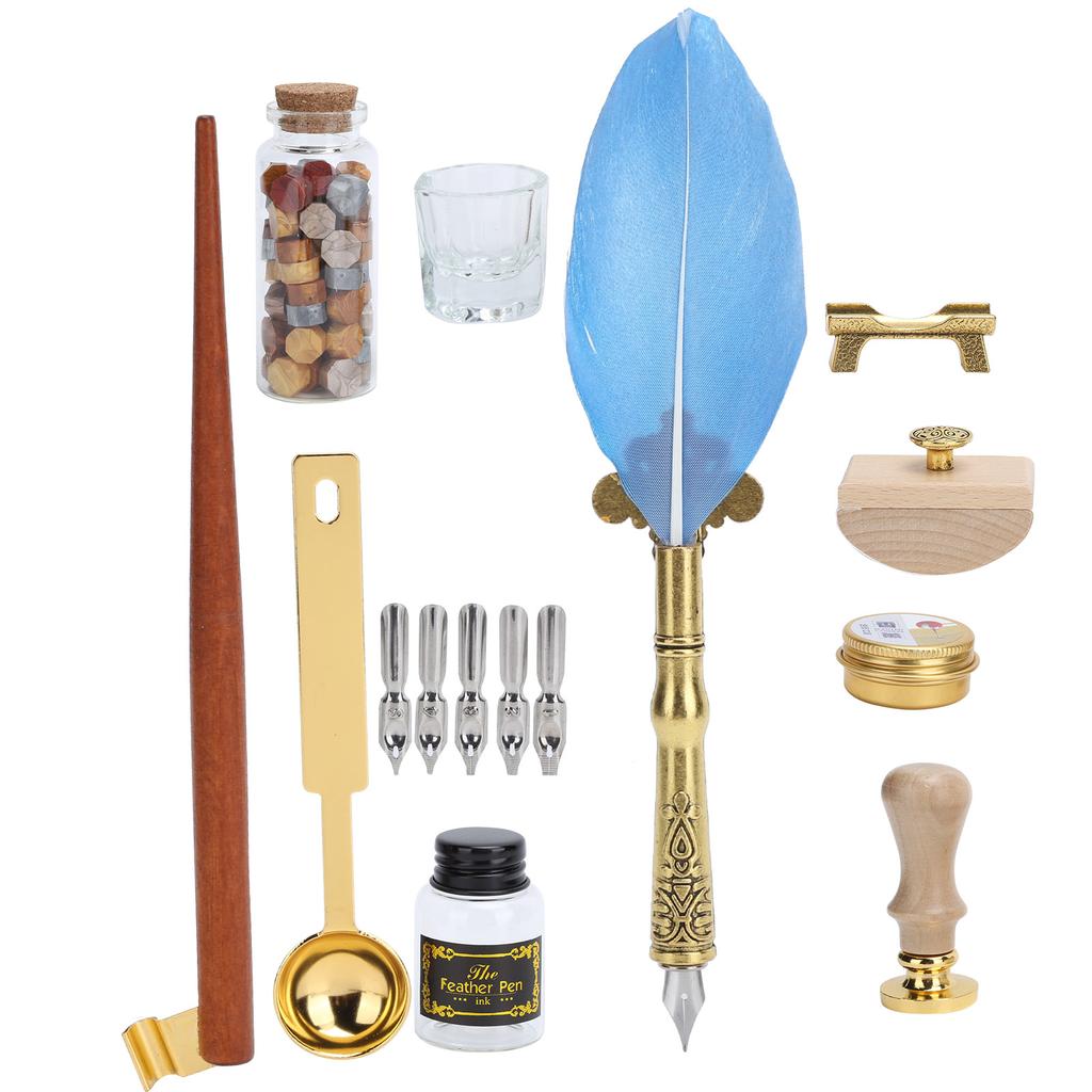 Feather Pen Wax Set Quill Dip Writing Ink Stamp Kit Vintage Student Stationery Gift BoxSP225038