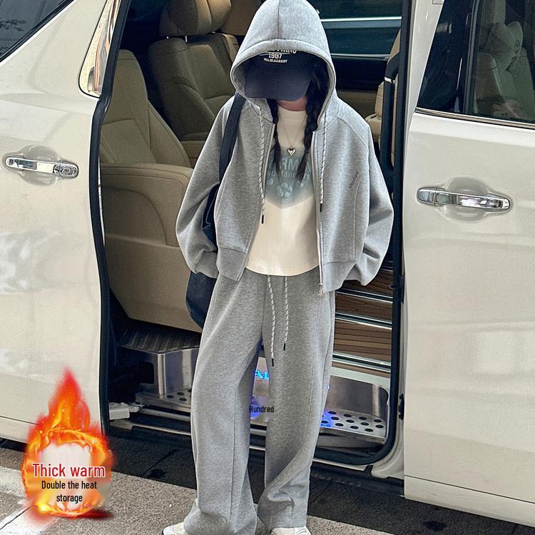 

Комплект флисовых толстовки с капюшоном и куртки-кардигана для девочек в корейском стиле - Осень/Зима 2025, Возраст 12 лет, Спортивные повседневные брюки 150 cm серый