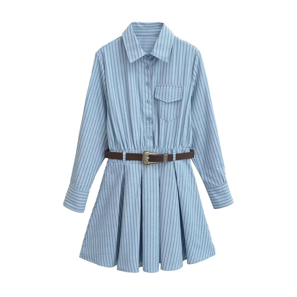 2025 Retro Sweet Spicy Striped Dress with Waistband and Pleated Skirt