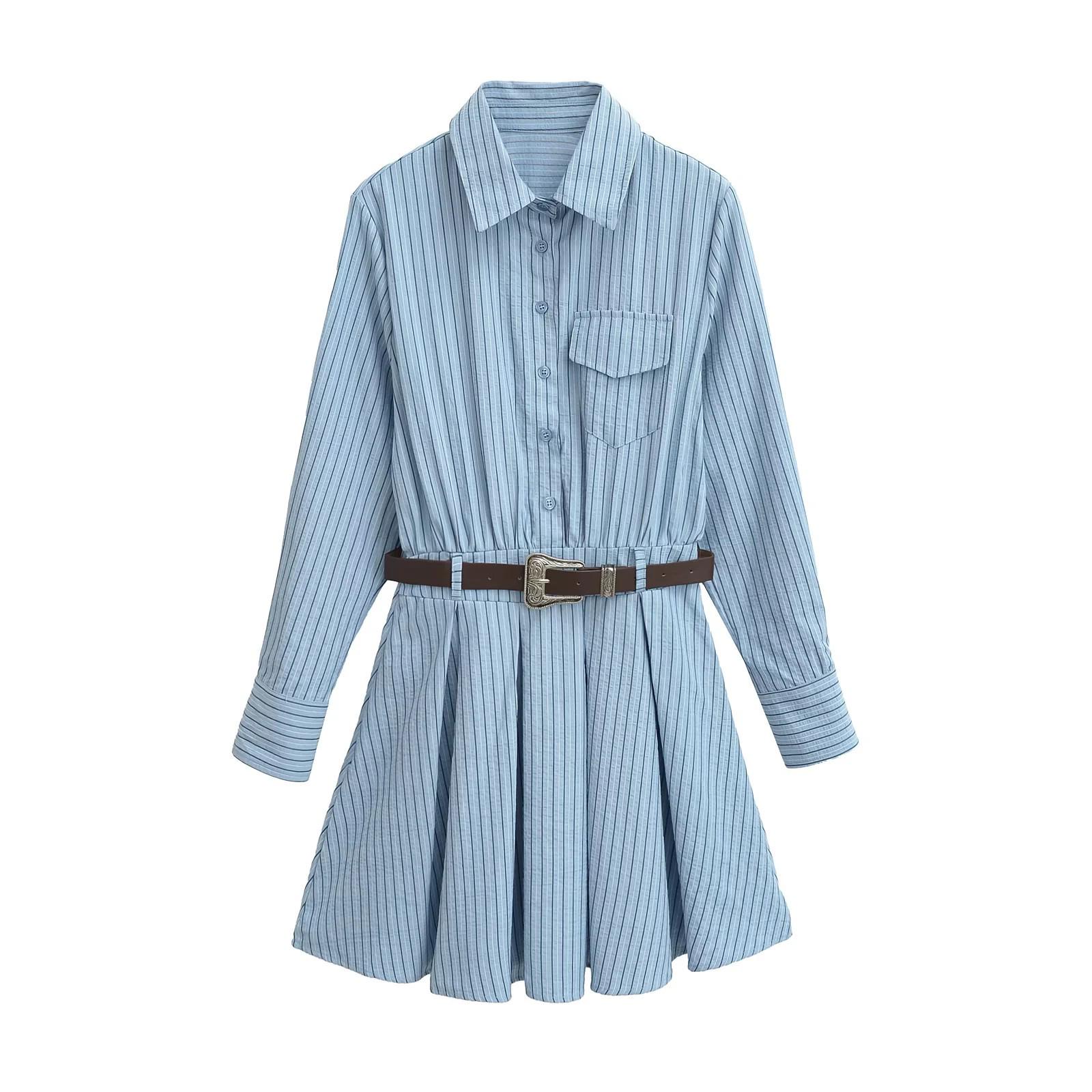 

2025 Retro Sweet Spicy Striped Dress with Waistband and Pleated Skirt Small синій