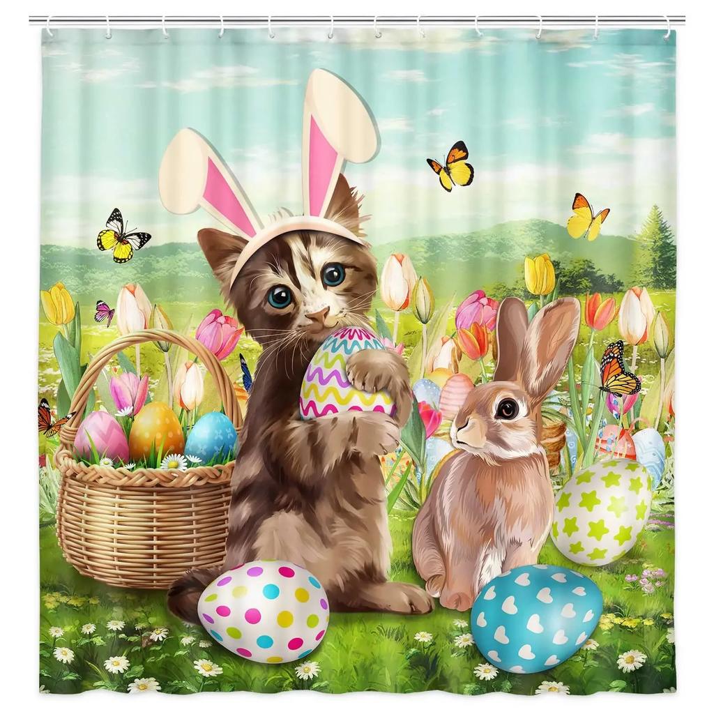 Happy Easter Bunny Shower Curtain Funny Rabbits Pink and Blue Eggs Bath Curtain Polyester Fabric Waterproof Bathroom Curtain Set