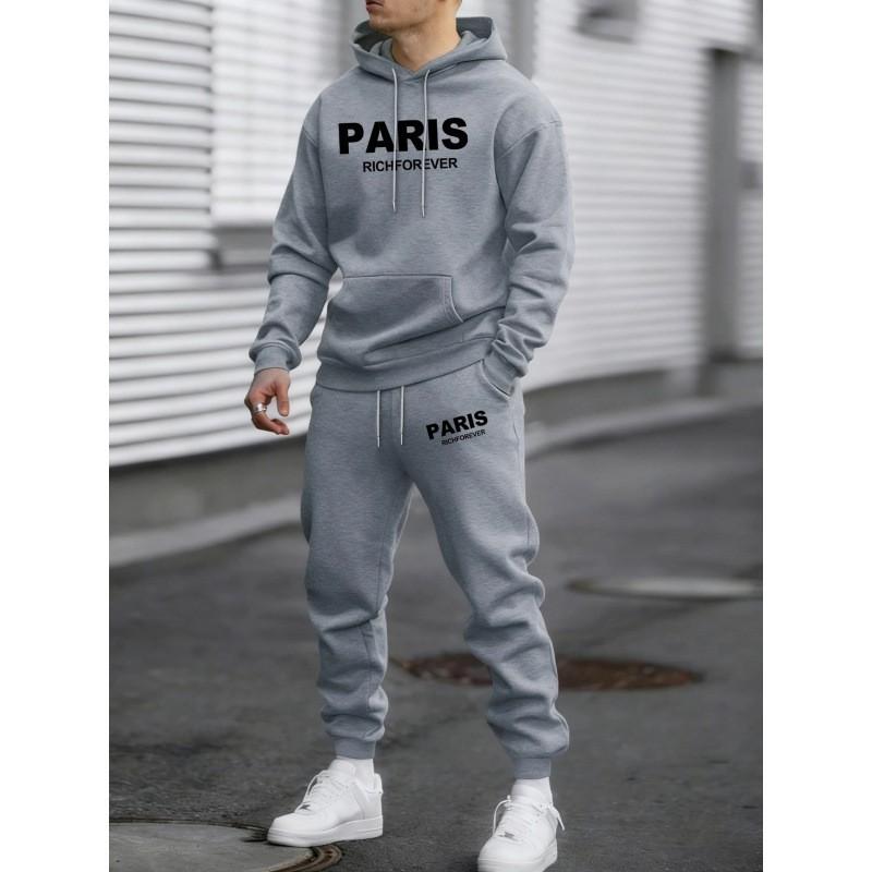 Mens Casual Hoodie Jogger Set With Letter Print Warm Fleece-Lined 2-Piece Outfit
