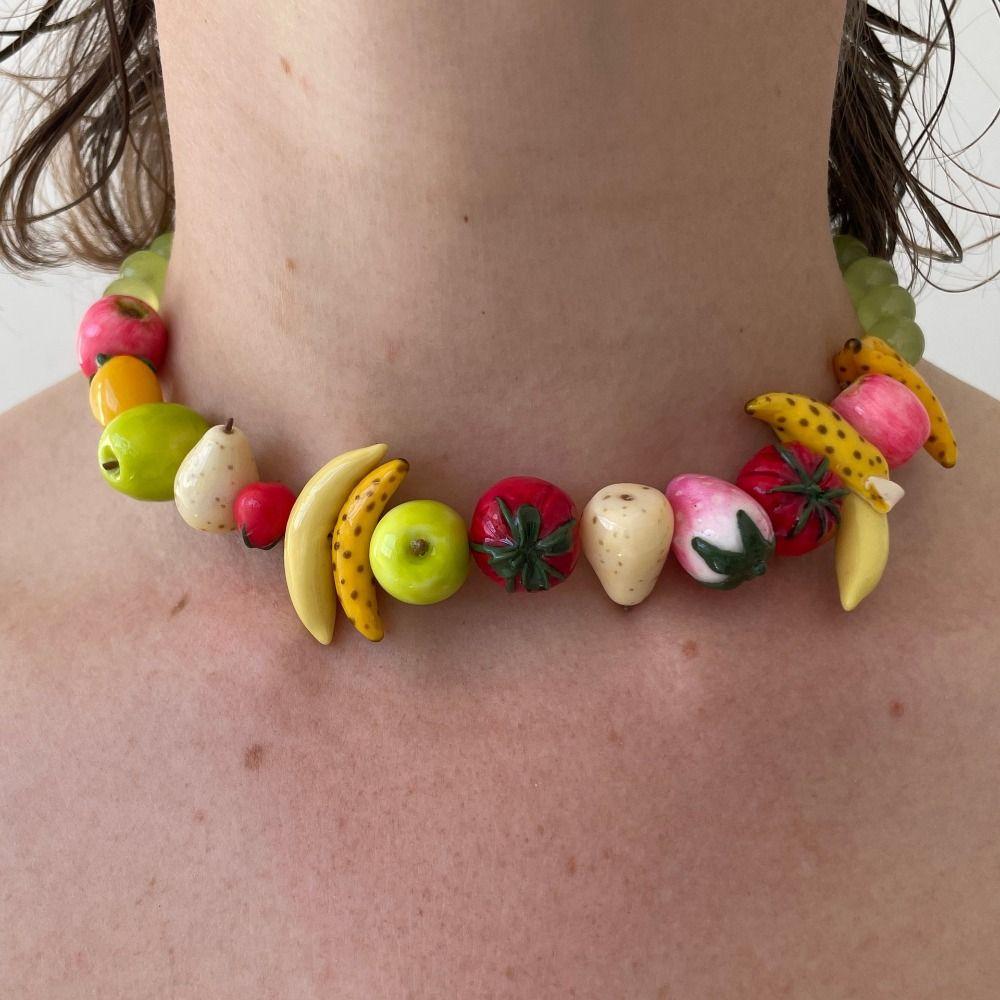 Layered Necklace Bracelet Set Colorful Beads Fruits Bracelet Beaded Clavicle Chain Spring/Summer