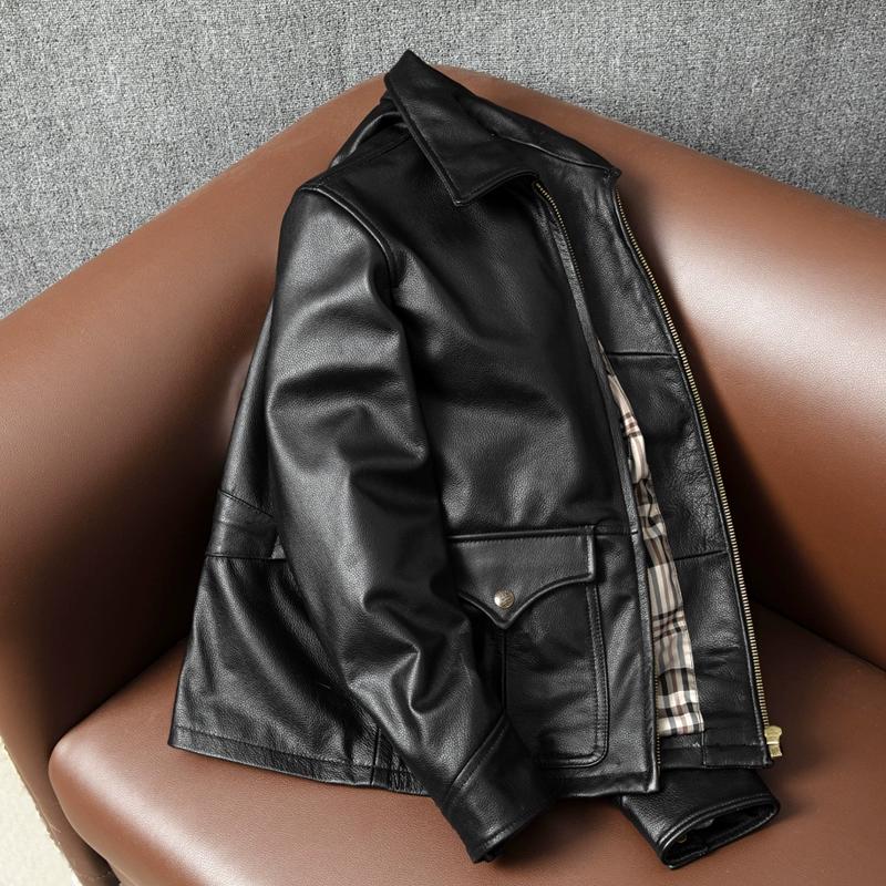 Genuine Leather Jacket Men Slim Fit Cowhide Biker Coat Stylish Lapel Spring Autumn Outerwear