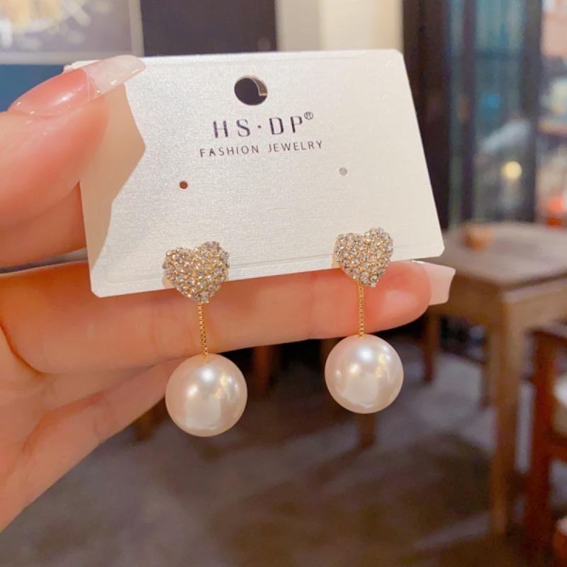 Two Ways To Wear Pearl Diamond Inlaid Heart Silver Needle Earrings For Women
