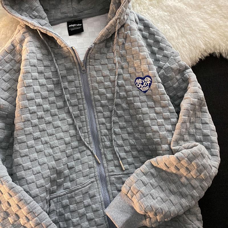 

Женский вафельный свитшот в корейском стиле 2022: Тонкий кардиган на молнии с капюшоном для ранней осени XL серый