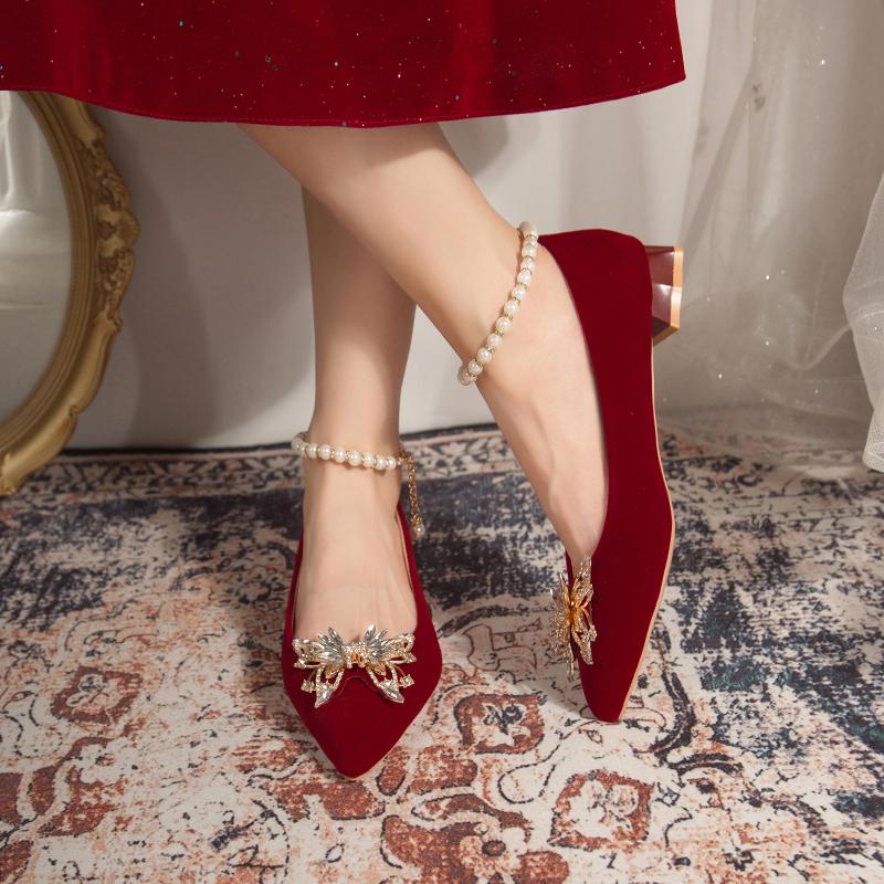 Fashion Women's Coarse Heel Shoes Autumn New Pointed Head Shallow Mouth Suede Butterfly Diamond-resistant Low Top Shoes