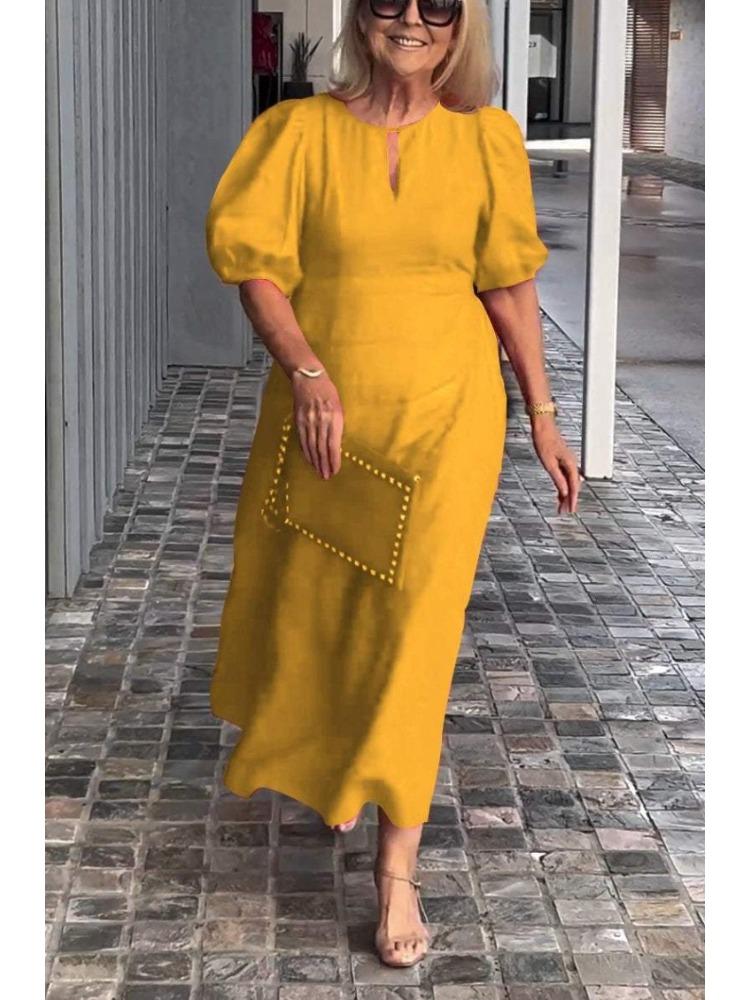 Damen Frühlings-Sommer Einfarbig Locker Sitzend Bequem Lässig Rundhals Pullover-Stil Kleid mit Puffärmeln