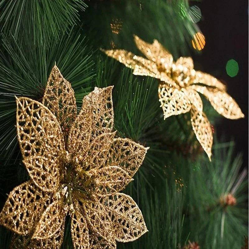 10KS Simulované vánoční květiny Květiny na vánoční stromek Červené květiny Duté květiny Zlatý prášek pro sváteční ozdobu Vánoční dekorace