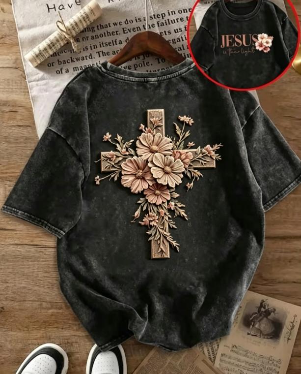 Floral Christian Inspirational Quotes Bible Scripture Patterns On Both Sides Round Neck Short Sleeved Shirt Gift for Women Tops