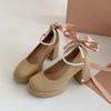 Butterfly-knot Thick Heel Women Mary Jane Shoes Fashion Pearl Ankle Strap Shoes Ladies Outdoor Dress Pumps