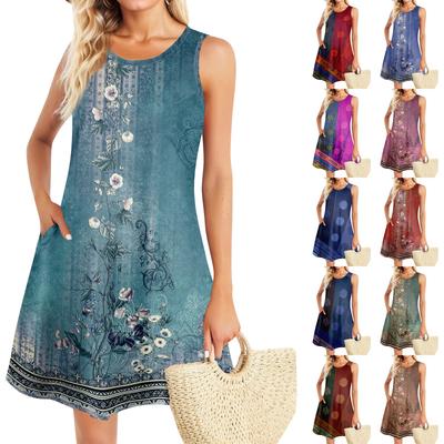 Letnie sukienki dla kobiet plażowe boho bez rękawów vintage nadruk z przewiewną kieszenią koszulka bez rękawów sukienki letnie