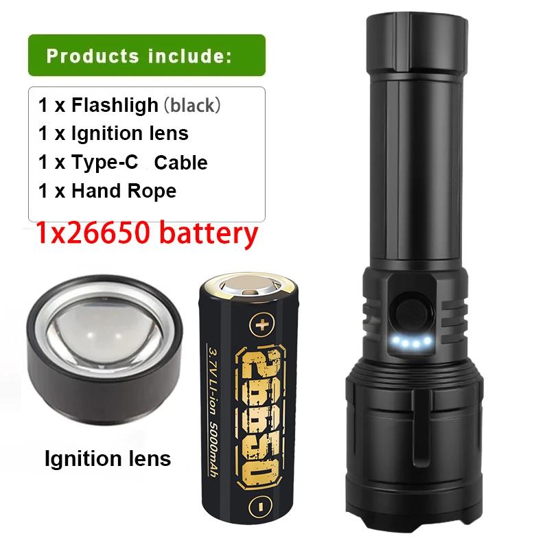 100000LM Ultra Bright LED Flashlight Rechargeable with Flame Ignition&Window Breaker Tactic Torch for Outdoor Camping Adventure