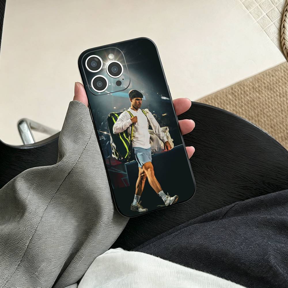 Funda de teléfono para iPhone 17, 16, 15, 14, 13, 12, 11 Plus, Pro Max, Otros, Jugador de tenis-Carlos Alcaraz, Cubierta blanda negra