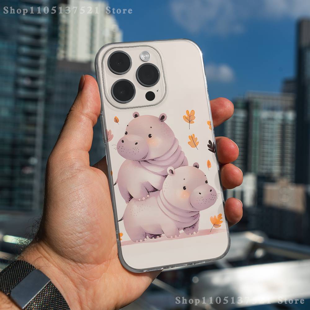 Cute Hippo Hippopotamus Phone Case For iPhone 16,15,17,12,13,14,11 Max,Pro,Plus,X,XS,XR,SE4,E Mini Transparent Cover