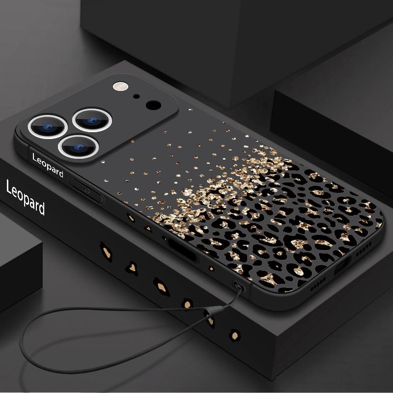 Golden Leopard Print Lanyard Case For iPhone 17 Pro Max Funda iPhone 16 15 14 13 Pro Max 11 16E 17E Soft Silicone Cover