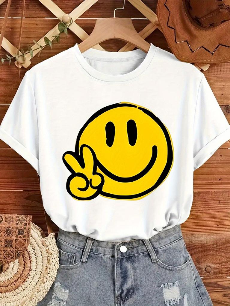 Womens Geometric Joyful Face Smile Print TShirt Casual Short Sleeve Crew Neck Top Comfort Summer Women Clothing