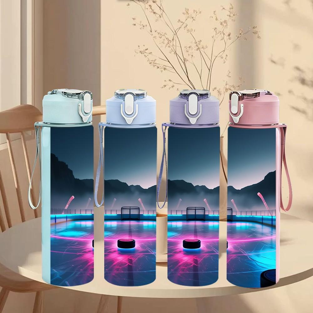 1PC Neon Night City Volleyball Scene Print 750ml Color Plastic Sports Water Bottle Leakproof Flip Straw Lid Suitable for Sports Office Home Use