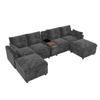 Modułowa sofa narożna 6-osobowa w kształcie U/L, 2 pufy ze schowkiem, konsola z półką, schowkiem i uchwytami na kubki, USB i Type-C, szenil, Szary