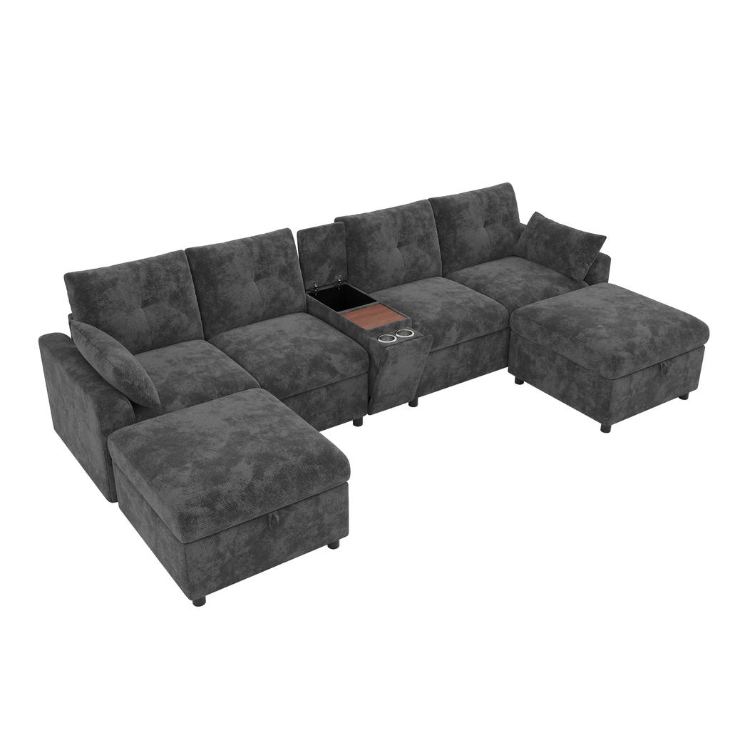 Modułowa sofa narożna 6-osobowa w kształcie U/L, 2 pufy ze schowkiem, konsola z półką, schowkiem i uchwytami na kubki, USB i Type-C, szenil, Szary
