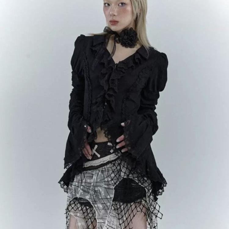 Lolita Vintage gotické krajkové košile Dámské Y2k tmavé estetické nepravidelné halenky Yamamoto styl Grunge Flare Sleeve Shirts