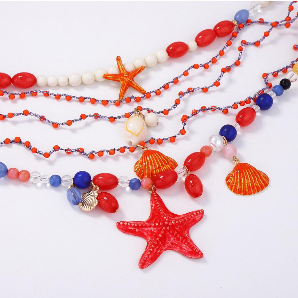 European and American leisure natural ocean wind hand-woven multi-layer beaded alloy exaggerated starfish pendant necklace