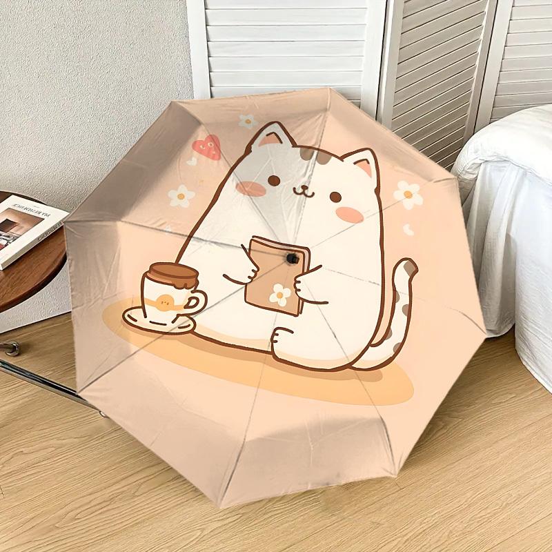 Charming Cat with Coffee and Book: Cute Day Companion   Auto Open/Closed Umbrella, Outdoor Travel Accessory, Lightweight & Durable 118