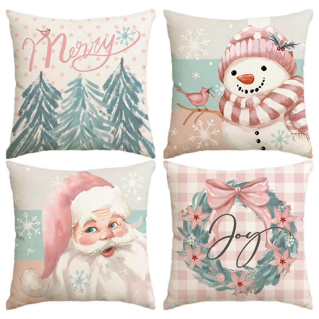 1 \ 4pcs gray Christmas snowman, Christmas reindeer print pillow cover, home sofa decoration cushion cover (without pillow core)