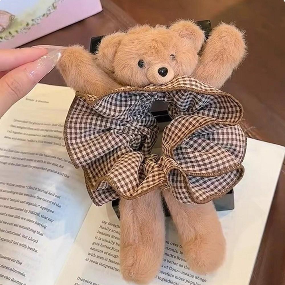 High Elasticity Plush Bear Scrunchies Cute Hair Rope Gift Plaid Ponytail Holder Daily