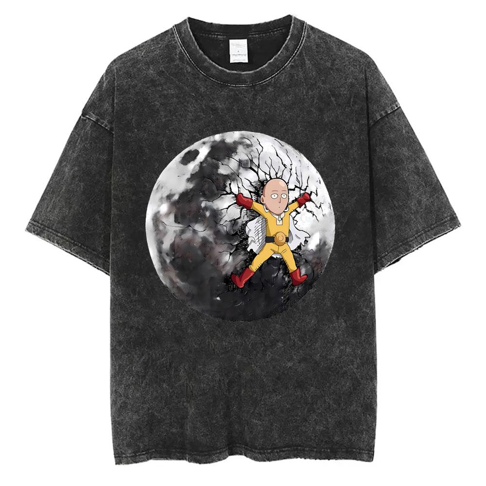 Gewaschenes Vintage Anime One Punch Man Saitama Saitamas Fitnessstudio Lustiges Meme Grafik T-Shirt Herren Damen Fitness Freizeit Übergroße T-Shirts