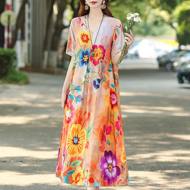 Women's Plus Size V-Neck Floral Long Dress – Short Sleeve Loose Fit Casual Dress with Pockets (Sizes XL-5XL)
