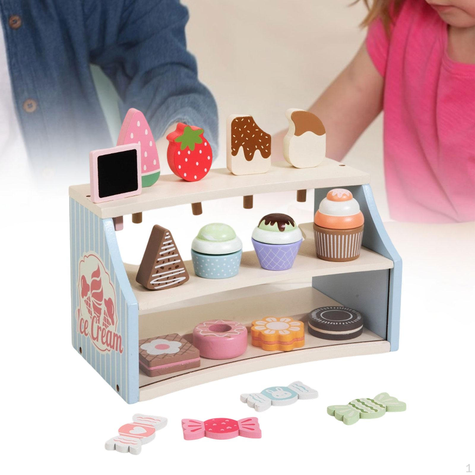 

Play Food Set Wooden Ice Cream Education Counter Kitchen Accessories for